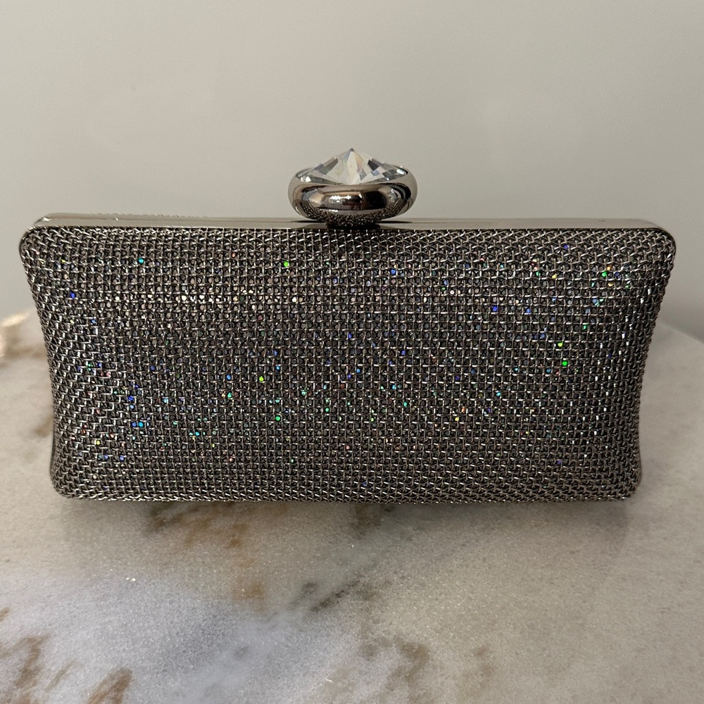 bebe Silver Mesh Crystal-Top Evening Clutch